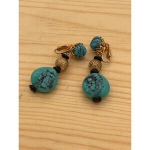 Turquoise Gold Clip On Earrings With Black Accents